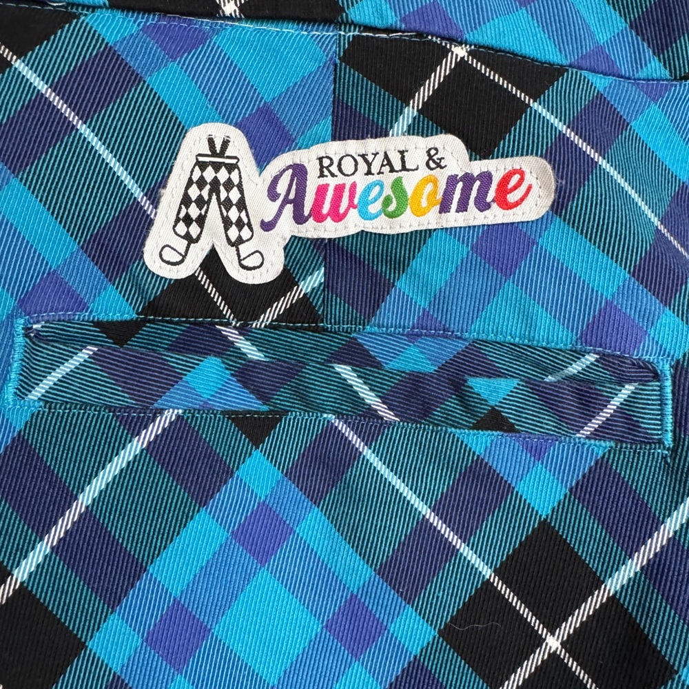 Royal & Awesome Shorts Mens 44 Blue Black Plaid Tartan Golf Flat Front Stretch - Picture 3 of 5